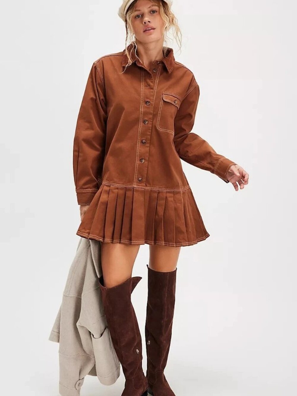 Free People Connor Mini Dress Long Sleeve Cotton Golden Brown Slouchy S 279516
